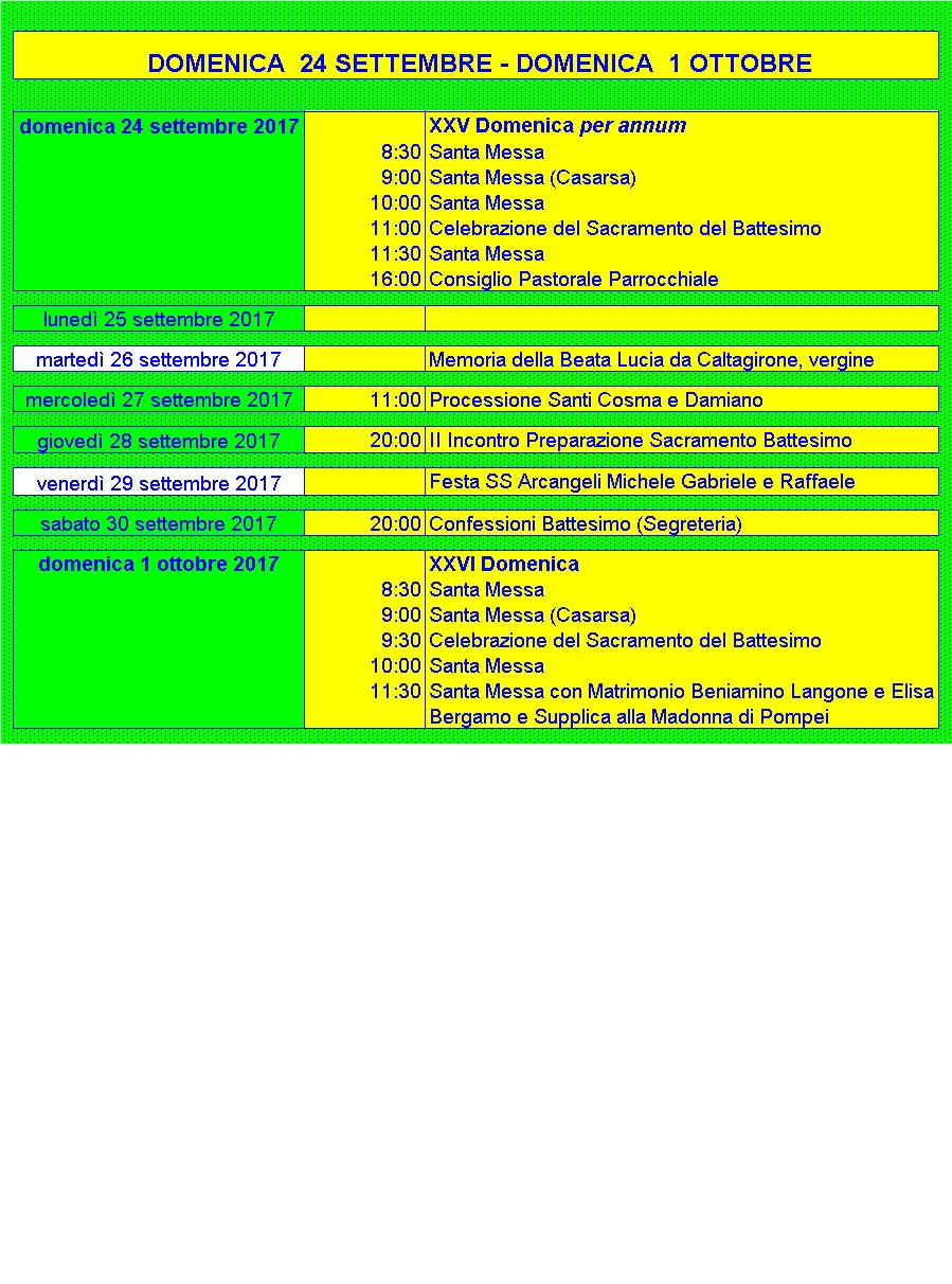 Agenda della settimana